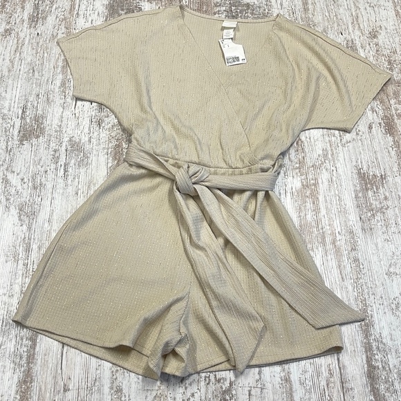 H&M Pants - S // H&M NWT Beige Gold Cross Front Short Sleeve Belted Shorts Romper